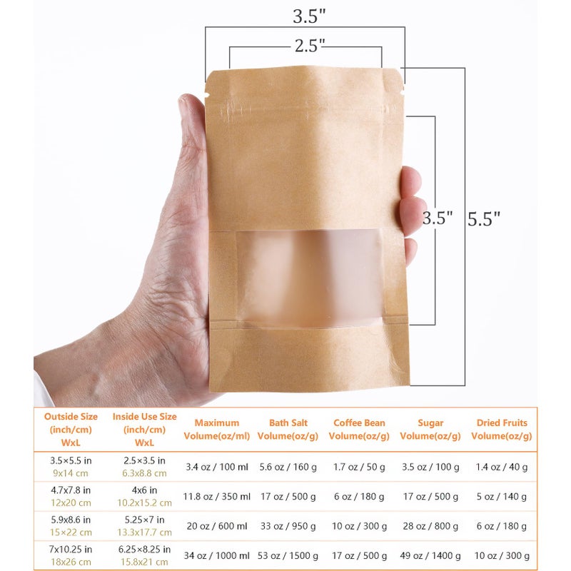 Kingrol 300 Pack 3.5 x 5.5 Inch Mini Kraft Paper Bags with Resealable Lock Seal Zipper &Transparent Window, Stand Up Food Bags - Image 3